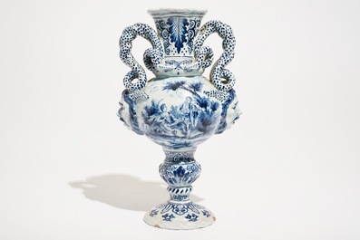 A blue and white Delftware two-handled vase with a galant scene, France, 19th C.