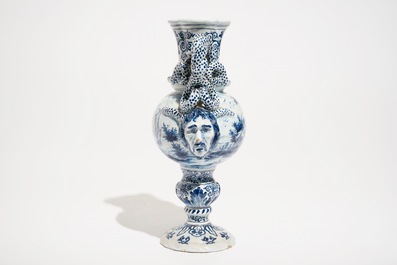 A blue and white Delftware two-handled vase with a galant scene, France, 19th C.