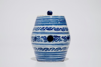 A dated Dutch Delft blue and white barrel-shaped gin flask, 1719