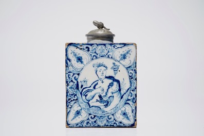 A rectangular Dutch Delft blue and white tea caddy with erotical design, 18th C.