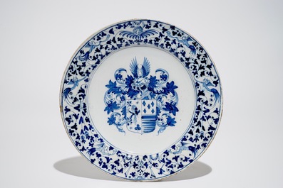 A blue and white Dutch armorial dish, Verstraeten workshop, Haarlem, 1650-1660
