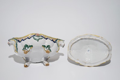 A polychrome Brussels faience Rococo tureen and cover, 18th C.