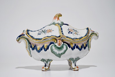A polychrome Brussels faience Rococo tureen and cover, 18th C.