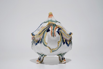 A polychrome Brussels faience Rococo tureen and cover, 18th C.