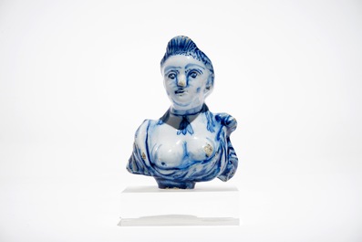 A Dutch Delft blue and white bust of a female, 18th C.