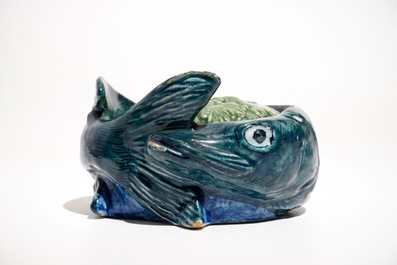 A polychrome Dutch Delft eel-shaped tureen and cover on stand, 18th C.