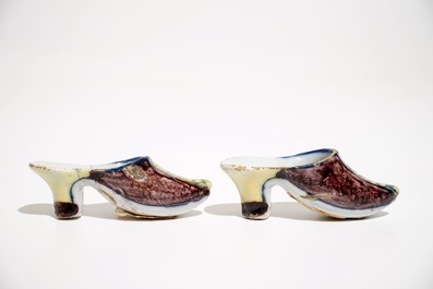A pair of small polychrome Dutch Delft slippers, 18th C.