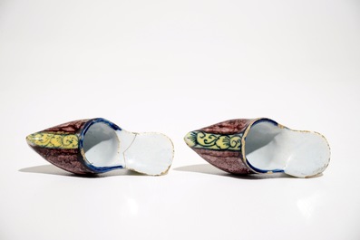 A pair of small polychrome Dutch Delft slippers, 18th C.
