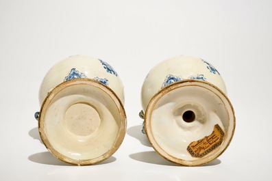 A pair of blue and white French faience ewers, Moustiers, 18th C.