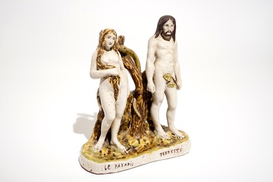 Een Franse fa&iuml;ence groep van Adam en Eva in het paradijs, Dinan, 19e eeuw