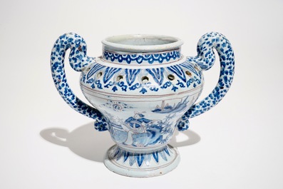 A Nevers faience chinoiserie flower holder in blue, white and manganese, France, 17th C.