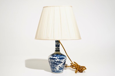 A Dutch Delft blue and white chinoiserie vase mounted as lamp, 18th C.