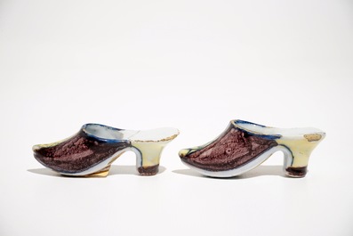 A pair of small polychrome Dutch Delft slippers, 18th C.