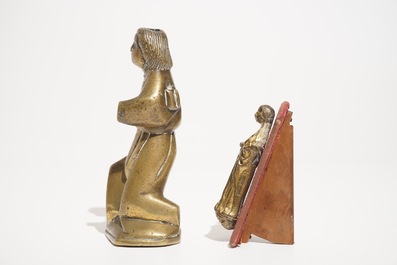 A small gilt bronze model of a Virgin and a bronze luster ornament shaped as a saint, 13/15th C.