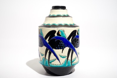 An art deco crackle glazed vase with swallows, Charles Catteau for Boch K&eacute;ramis, 1st half 20th C.