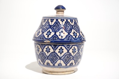 A blue and white Islamic pottery covered bowl and a dish, Northern Africa, Tunisia or Morocco, 19th C.
