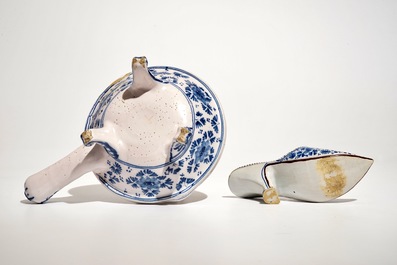 A Dutch Delft blue and white model of a slipper and a chafing dish, 18th C.