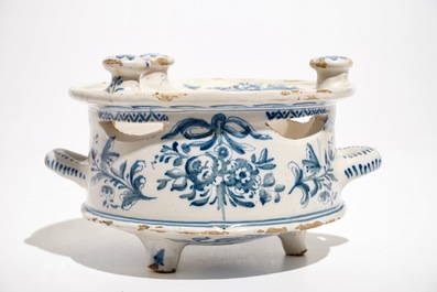 A blue and white Dutch Delft style Frisian warmer or chafing dish, dated 1783