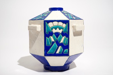 A geometrical art deco crackle glazed vase, Charles Catteau for Boch K&eacute;ramis, 1st half 20th C.