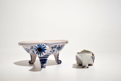 A Dutch Delft blue and white model of a slipper and a chafing dish, 18th C.