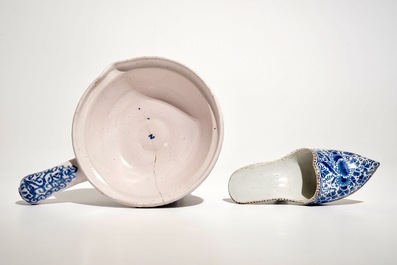 A Dutch Delft blue and white model of a slipper and a chafing dish, 18th C.