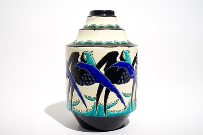 An art deco crackle glazed vase with swallows, Charles Catteau for Boch K&eacute;ramis, 1st half 20th C.