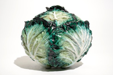 A polychrome cabbage tureen in French faience de l'est, Strasbourg, 18th C.