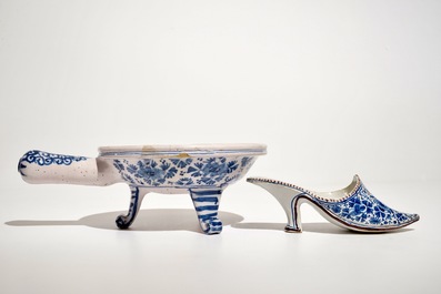 A Dutch Delft blue and white model of a slipper and a chafing dish, 18th C.