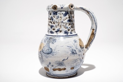 A French faience blue and white puzzle jug, poss. Lille, 18th C.