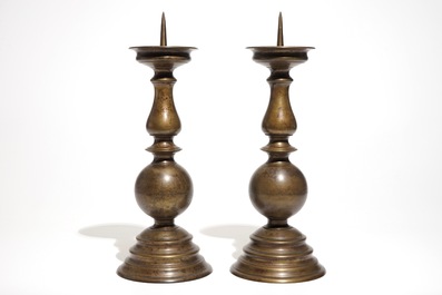 A pair of large Flemish bronze pricket candlesticks, 17th C.
