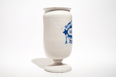 An unusual Dutch Delft blue and white drug jar on foot, 18th C.