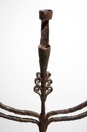 A wrought iron floor standing candleholder, probably 17/18th C.