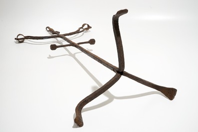 A wrought iron floor standing candleholder, probably 17/18th C.