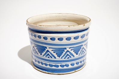 A blue and white maiolica ornamental albarello or ointment pot, The Netherlands, 17th C.