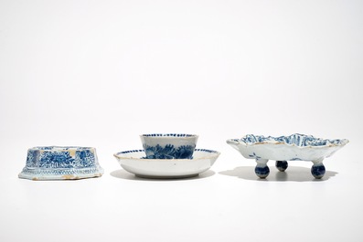 A Dutch Delft blue and white salt, a chocolate cup and a spice dish, 18th C.