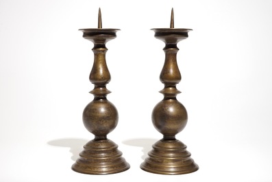 A pair of large Flemish bronze pricket candlesticks, 17th C.