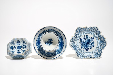 A Dutch Delft blue and white salt, a chocolate cup and a spice dish, 18th C.