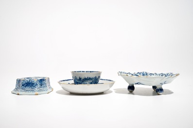 A Dutch Delft blue and white salt, a chocolate cup and a spice dish, 18th C.