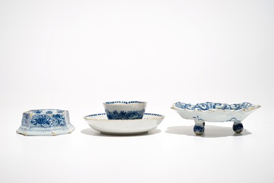 A Dutch Delft blue and white salt, a chocolate cup and a spice dish, 18th C.