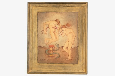 Eemans, Marc (Belgique, 1907-1998), Adam et Eve, huile sur papier, dat&eacute; 1956