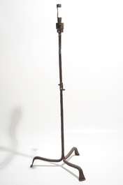 A wrought iron floor standing candleholder, probably 17/18th C.