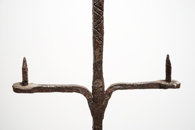 A wrought iron floor standing candleholder, probably 17/18th C.