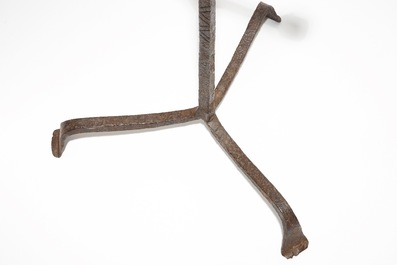 A wrought iron floor standing candleholder, probably 17/18th C.