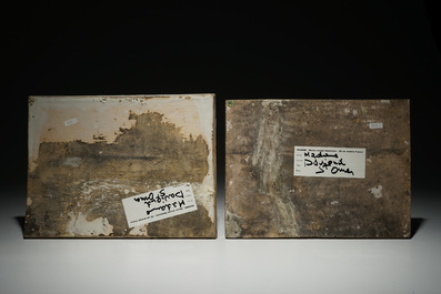 Deux plaques rectangulaires en fa&iuml;ence polychrome de Castelli, Italie, 18&egrave;me