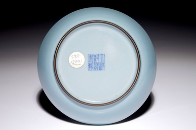 A monochrome Chinese clair-de-lune glazed saucer dish, Qianlong mark, 19/20th C.