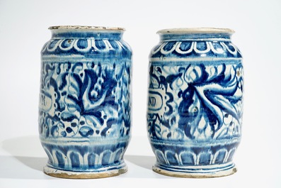 A pair of large blue and white Antwerp maiolica &quot;A foglie&quot; albarelli, 16th C.