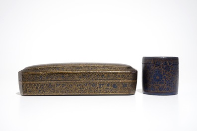 Two Kashmir painted papier mache boxes and a bowl, India, 19th C.
