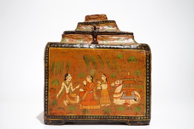 A polychrome painted papier mache storage box and cover, prob. India, 19th C.
