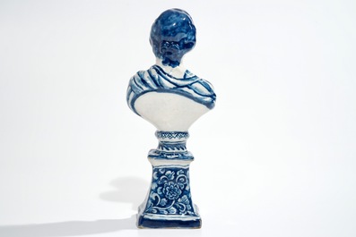 A Dutch Delft blue and white bust on stand, 17/18th C.