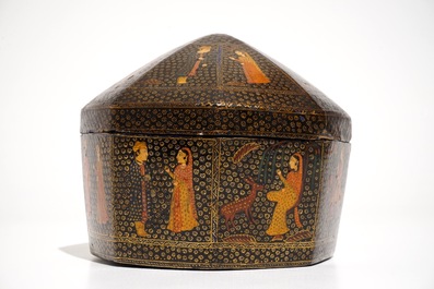 A Kashmir painted papier mache turban box with figurative design, India, 19th C.